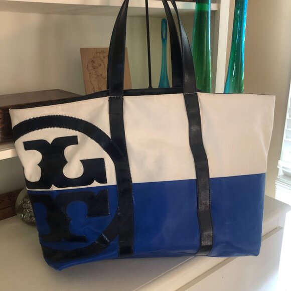 TORY BURCH Very Large Weekender Tote Bag Color block Blue - Picture 1 of 15